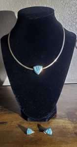 Teme Sterling Silver Turquoise Inlay Necklace & Earrings Set Italian .925 chain