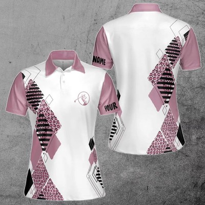 Pink White Leopard Pattern Custom Name Golf Women Polo Shirt Apparel Gift