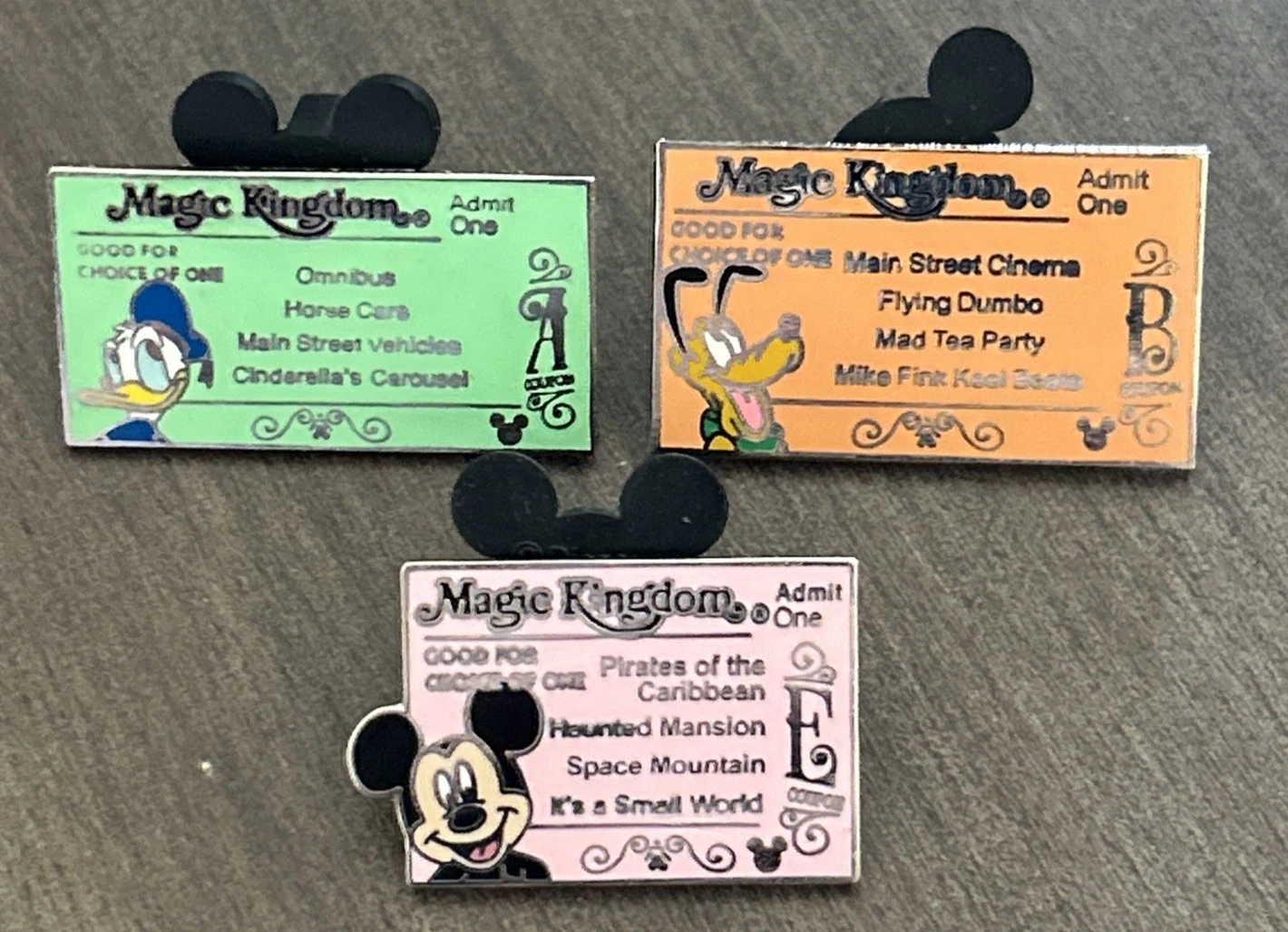 Disney Pins Hidden Mickey Magic Kingdom Ticket Admit One A,B,C Pins