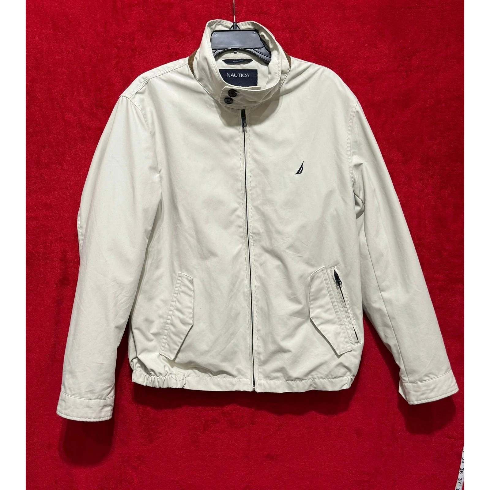 Nautica Mens Jacket Medium Beige Full Zip Collared Lightweight Coat Casual