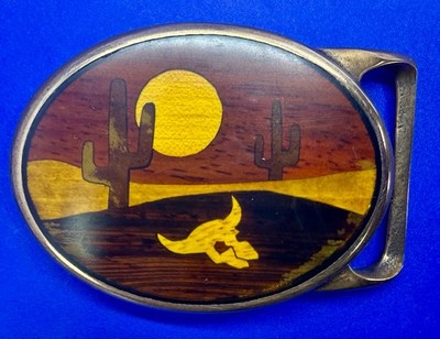 Vintage unique heavy Brass and cooper rustic Mountain Scene Belt Buckle with Sun Awesome Hand Embossed & Painted Heavy Leather Belt Brass  main image 2