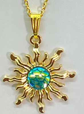 Necklace Gold Tone Sun (1'' Square)  w/Green Crystal Sequence Center 24'' Chain
