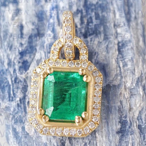 5.20ct Emerald Cut Natural Emerald Gemstone Diamond Pendant Real 14K Yellow Gold - Picture 3 of 16