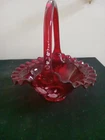 Vintage Fenton Ruby Red Hand Painted Flowers Glass Basket Floral Signed Betsy W