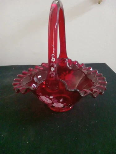 Vintage Fenton Ruby Red Hand Painted Flowers Glass Basket Floral Signed Betsy W