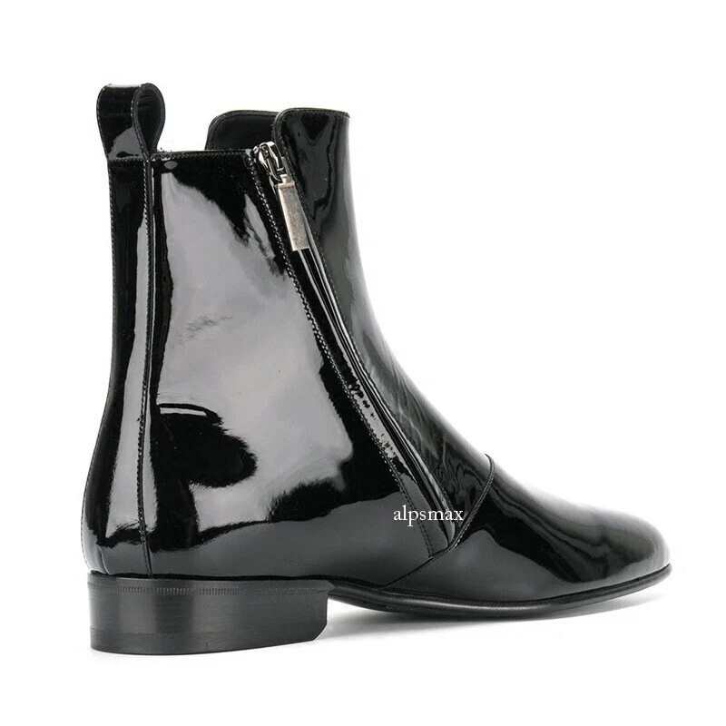 Stylish Mens Patent Leather Side Zipper Real Leather Ankle Boots Western Boots - Image 2 of 4
