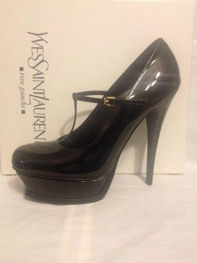 Scarpe décolleté YSL Saint Laurent Tribute nere brevettate con cinturino a T plateau $995