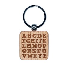 Alphabet Letters Engraved Wood Square Keychain Tag Charm