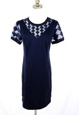 Catherine Malandrino Shift Dress Size S Black Retro Crochet Sides Short Sleeves
