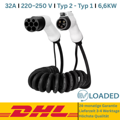 Spiralladekabel Typ 2 - Typ 1 - (32A, 1 Phase, 6,6KW)