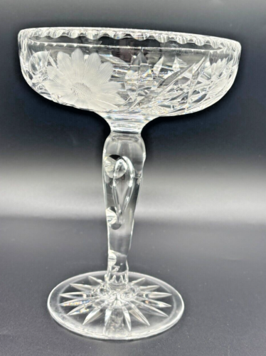 American Brilliant Cut Crystal Glass Compote Etched Flowers Leaves Handblown VTG - Picture 3 of 22