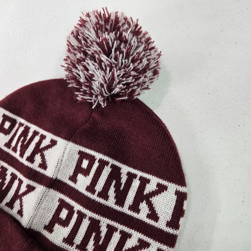 ROSA Victoria's Secret Mujer Sombrero Talla Única Rojo Rayas Gorro Logo Pom Pom Tejido Foto 3 de 4