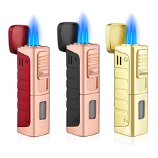 Blue Flame Triple Jet Windproof Cigar Lighter in Metal - Butane & Gift Box