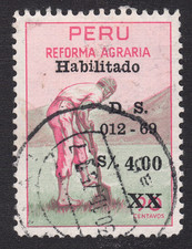 1969  Peru SC#  512 - Farmer Digging in Field - Surcharged in Black - Used