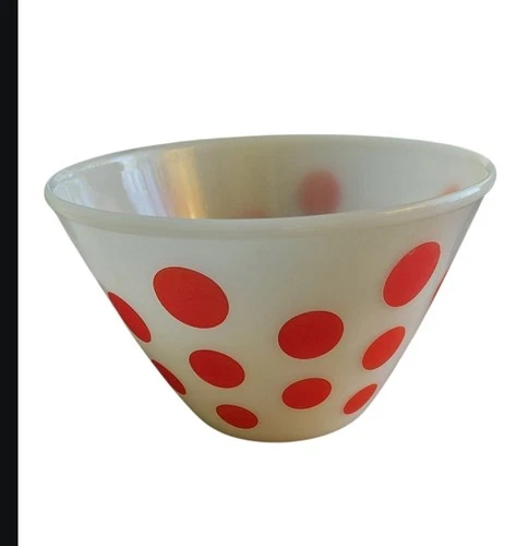 VINTAGE ANTIQUE Milk Glass FIRE KING RED DOT MIXING BOWL  1950s STYLE