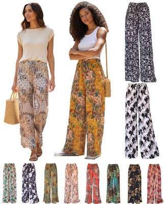 Women Printed Summer Wide Leg Pants Ethnic Palazzo Pants Stretchy Pleated Pants
