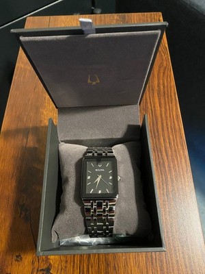 Bulova Quadtra Mens Quartz Diamond Black Dial Watch 30mm 96D145