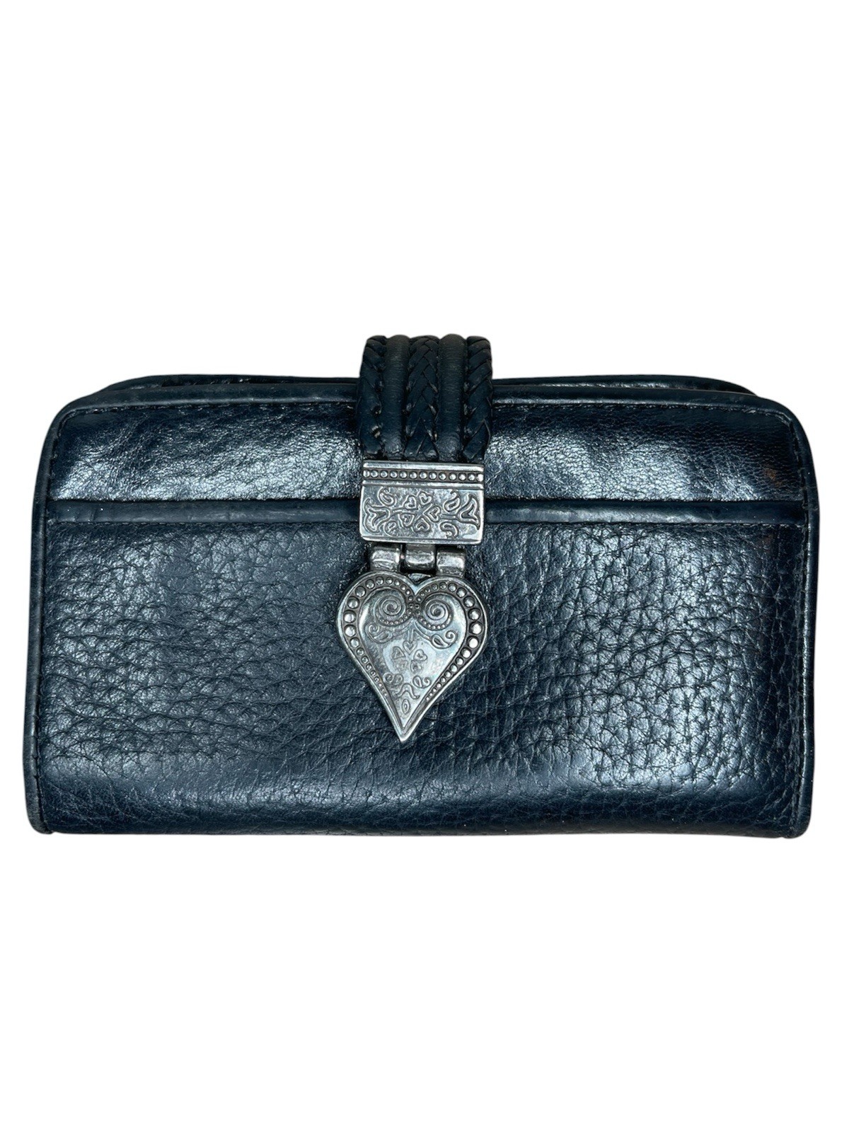 BRIGHTON BLACK PEBBLED LEATHER 3-SECTION WALLET Flap Heart Snap Coin Card