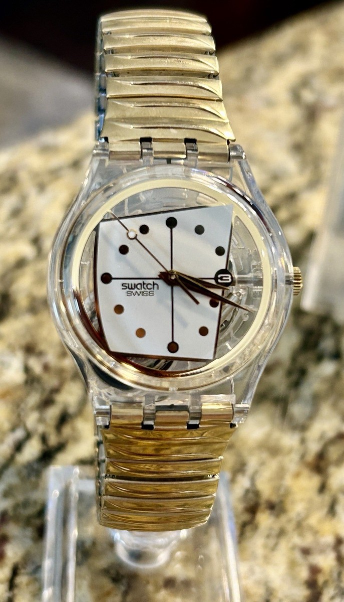 Swatch GK183 MANNEQUIN 1995 NOS Clear Case Date Watch + Box New