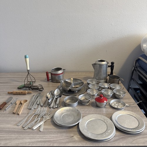 Vintage Tin Kids Make Believe Play Toys Kitchen Cooking Dinnerware Utensils Lot