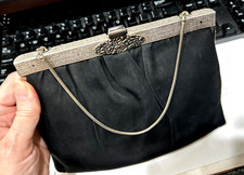 Vintage Black Satin Evening Bag Ande silvertone clasp and chain 50 s 60 s