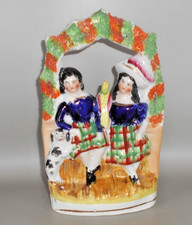 Antique Staffordshire Flatback Pottery, Scottish Couple with Bird  Dog