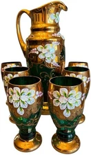 Praga Bohemia Style Collection Green Vase With Six Matching Glasses Set