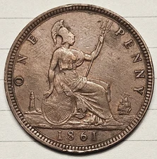 1861 Great Britain One Penny Queen Victoria High Grade
