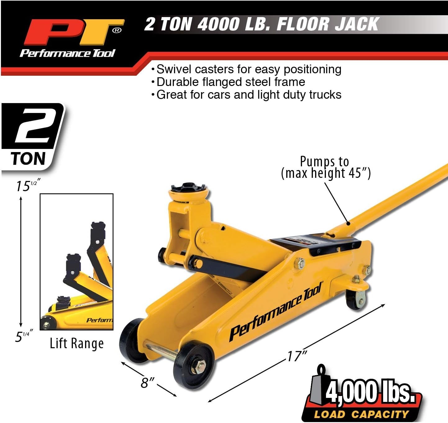 PERFORMANCE TOOL W1614 - 4000 lb Floor Jack w/ 15" Lift