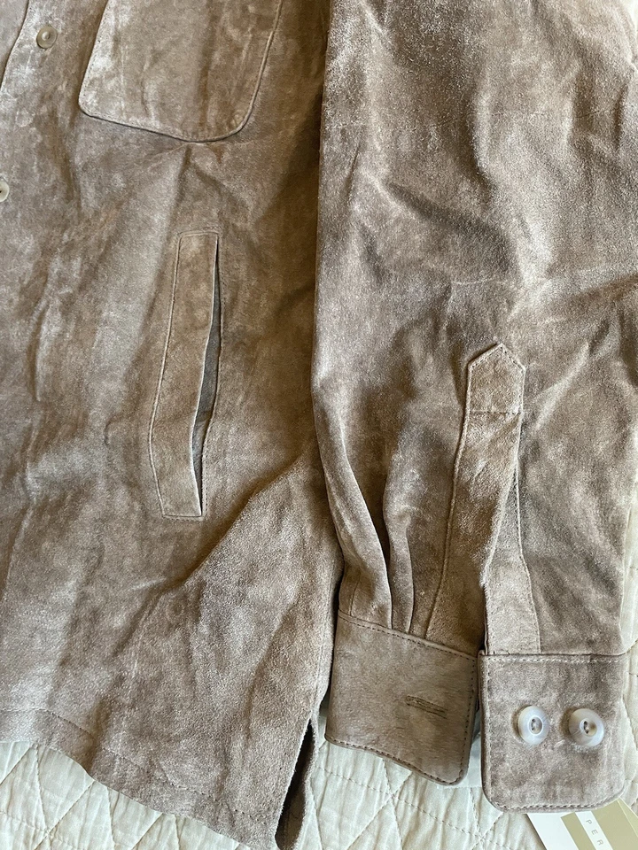 PERRY ELLIS Vintage-Deadstock Patch Pocket Suede Shirt Jacket in Tan Size M NWT - Image 4 of 4