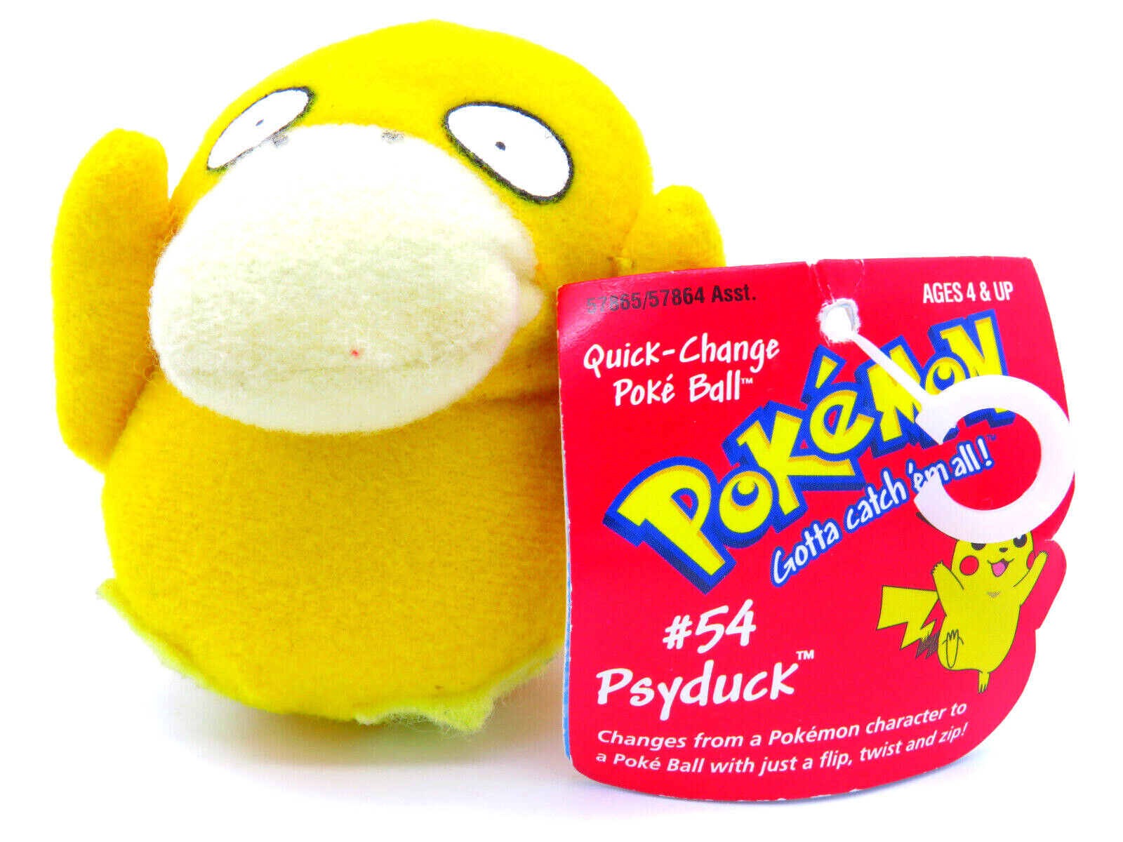 Pokemon Figure - 1999 Psyduck QuickChange Plush Pokeball - Hasbro 3" Vtg