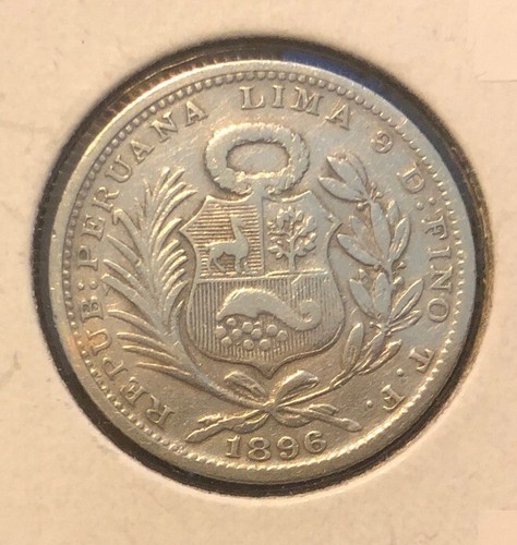 1896 TF ~ JR Peru 1/5 Sol .900 Silbermünze - 23,5 mm - KM #205,2 - Auflage = 586.000