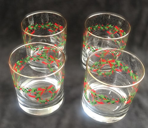 4x Christmas Goldtone Rim Poinsettia Whiskey Low Ball Glass Tumbler Holiday READ - Picture 2 of 7