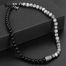 8MM Jasper Stone Black Glass Bead Necklace Stainless Steel Charm Toggle Choker