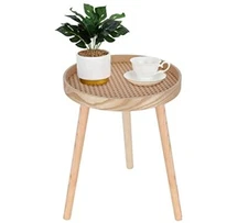 Small Side Table, Rattan Nightstand, Round End Boho Bedside Natural Walnut