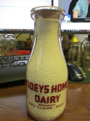 Eau Claire, Mich. Tideys Home Dairy FULL COW TRPP Milk Bottle MICHIGAN MI