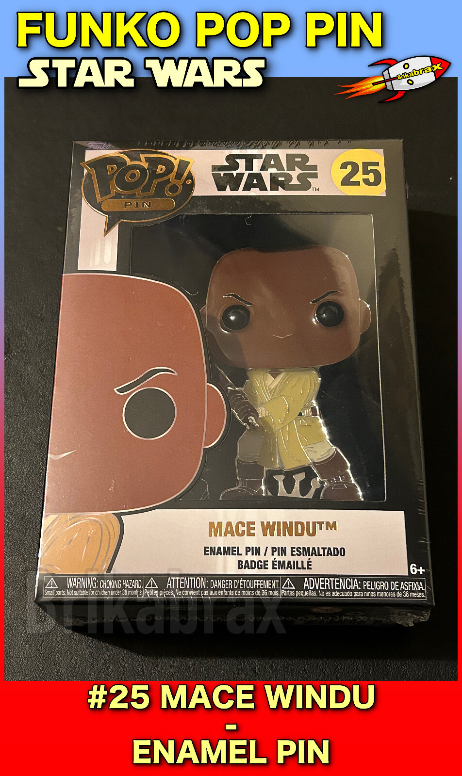 Funko Pop Pin STAR WARS Mace Windu #25 Collectable 4"" Enamel Badge With Stand
