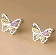 100 Real 925 Sterling Silver Colorful CZ Butterfly Earrings Stud Jewelry