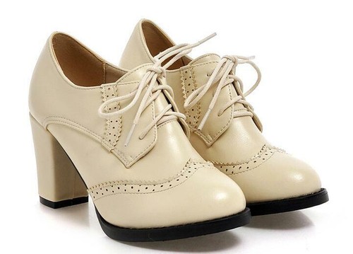 Women Ladies Mid Block Chunky Heels Lace Up Pumps Brogues Wingtip Shoes Leather - Picture 8 of 46