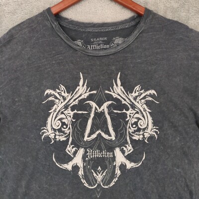 Affliction Shirt Mens XL Grey Short Sleeve Skulls Wings MMA Y2K