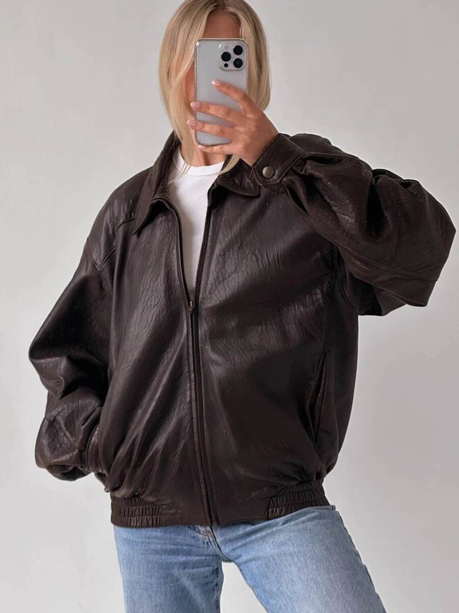 Women's Fashion 90s Leather Jacket Oversized Brown Bomber Women's Fashion 90s Leather Jacket Oversized Brown Bomber