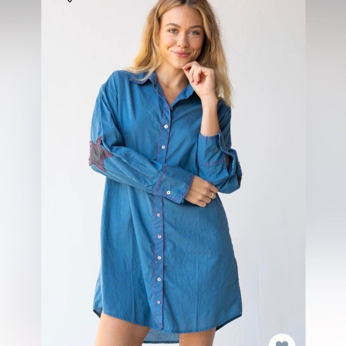 natural life shirt dress Natural Life 100% Cotton Blue Button Up Shirt Dress Pink Details Star  Elbows M
