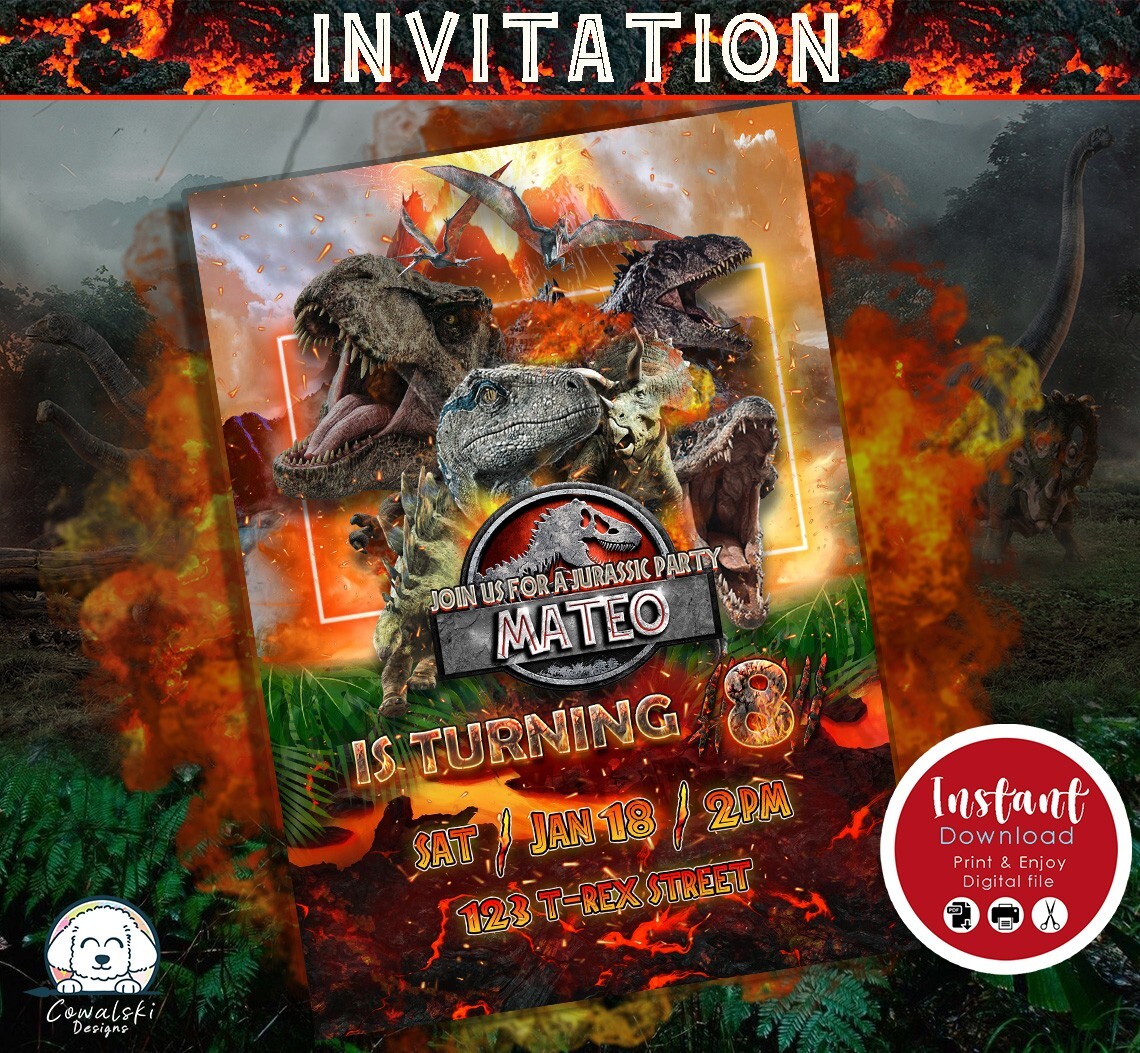 Jurassic World Digital Birthday Invitation - Party Supply (YOU PRINT) | eBay for Free Printable Jurassic World Invitations