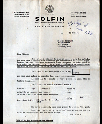PARIS (X°) DESSOUS BLUSE / UNTERWÄSCHE ''SOLFIN'' Rechnung 1964