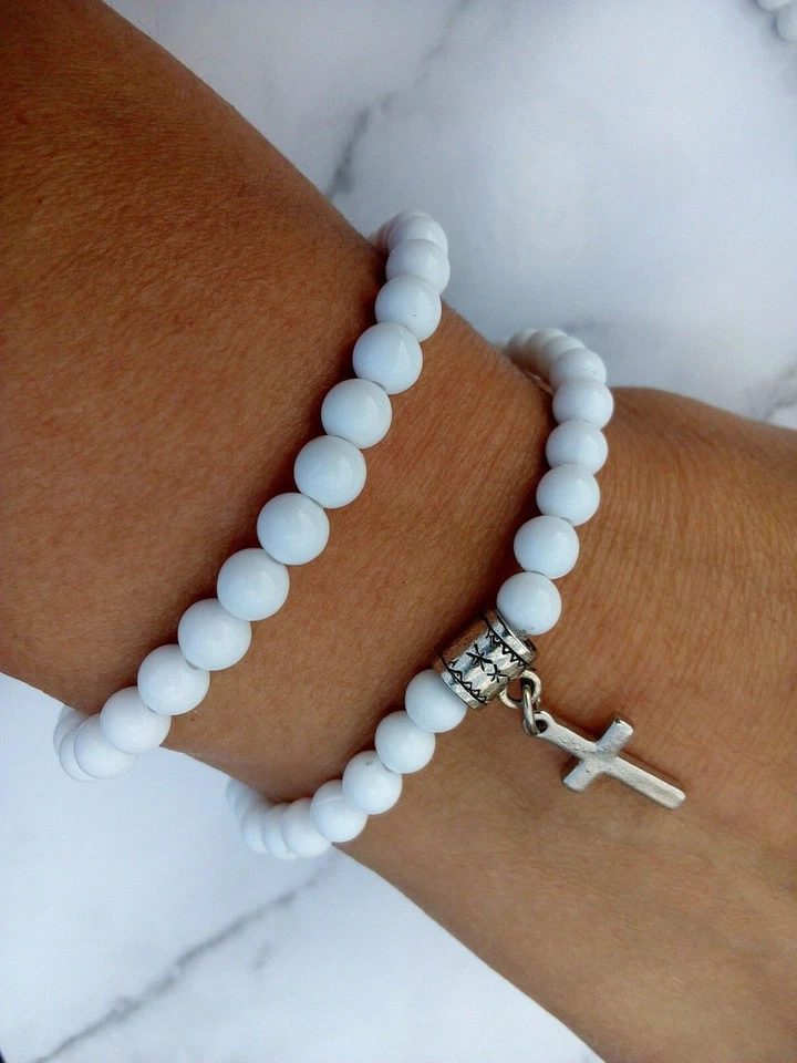 CONJUNTO Pulsera Dije CRUZ Tibetano Plata Blanco Cuentas Elastizadas Apilamiento Amistad Foto 2 de 2