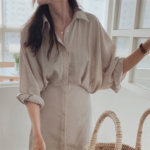 Women Linen Cotton Dress Midi Long Shirt Blouse Belt Button Casual Apricot - Afbeelding 1 van 12