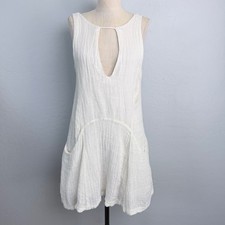 Free People White Linen Gauze Keyhole Mini Dress Sleeveless Pockets Boho XS
