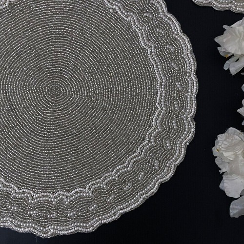 Placemat con cuentas hecho a mano, plata festoneada, tapete de cuentas... - Imagen 2 de 4