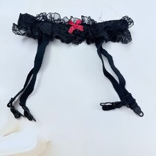 Vintage Black Lace Suspender Belt Garter Belt Red Bow 4 Strap Lingerie Size  XS