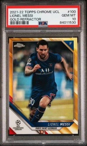 2021 Topps Chrome UCL LIONEL MESSI Gold Refractor /50 #100 PSA 10 - POP 14/RARE